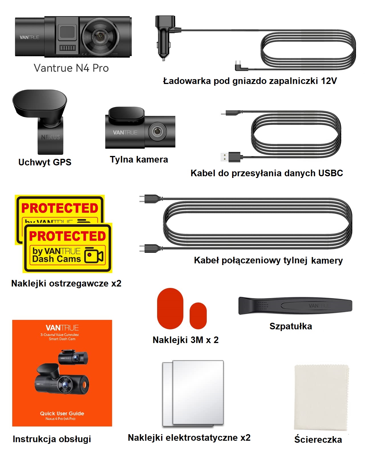 vantrue n4 pro zestaw zawiera